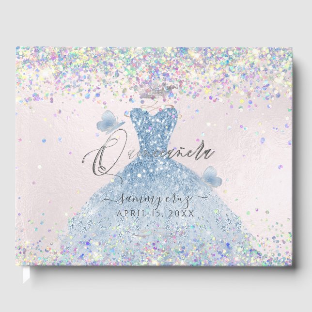 Libro De Visitas Quinceanera Holographic Confetti Dusty Blue Vress (Anverso)