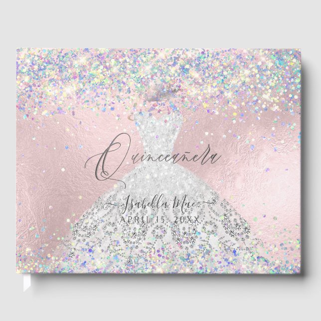 Libro De Visitas Quinceanera Holographic Confetti White Silver (Anverso)