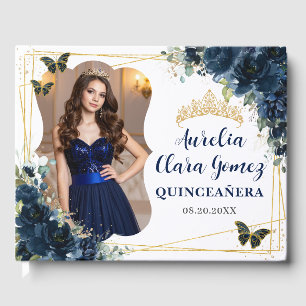 Libro De Visitas Quinceañera Mariposas Florales Azul Marino 16 Foto