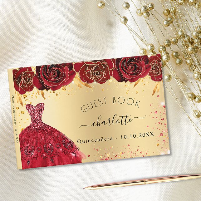 Libro De Visitas Quinceañera oro rojo vestido flores brillo (Subido por el creador)