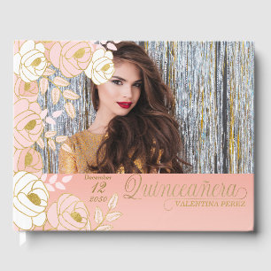 Libro De Visitas Quinceanera Oro Rosa Floral Botánica