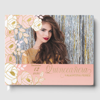 Libro De Visitas Quinceanera Oro Rosa Floral Botánica