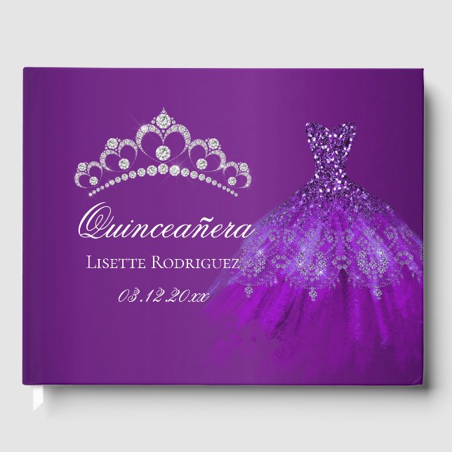 Libro De Visitas Quinceanera personalizada morada oscura (Anverso)