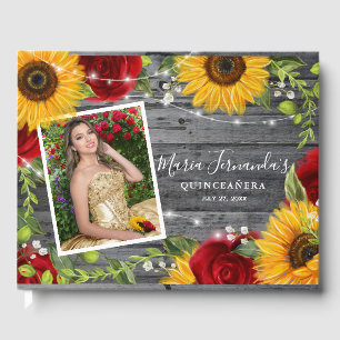 Libro De Visitas Quinceanera Rosa de girasol floral de madera rústi