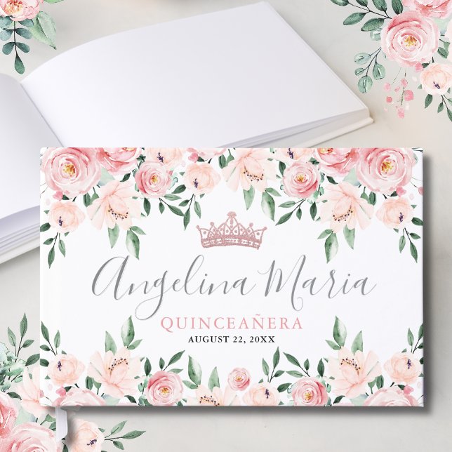 Libro De Visitas Quinceanera rosa Rubor floral (Floral Blush Pink Quinceanera Foil Guest Book)