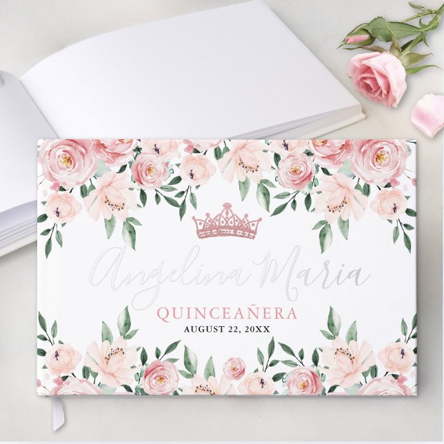 Libro De Visitas Quinceanera rosa Rubor floral (Floral Blush Pink Quinceanera Foil Guest Book)