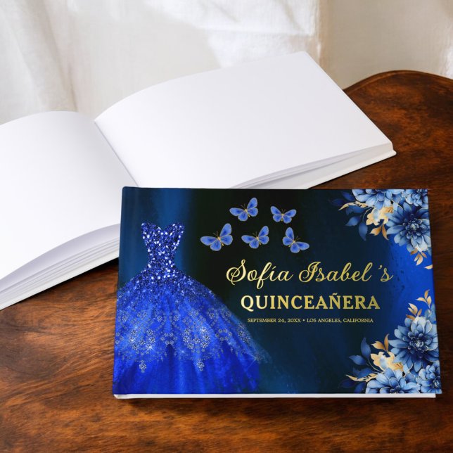 Libro De Visitas Quinceañera Royal Blue Gold Printerflies (Subido por el creador)
