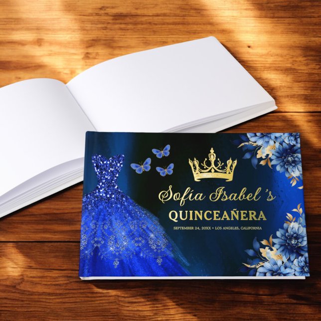 Libro De Visitas Quinceañera Royal Blue Gold Printerflies (Subido por el creador)