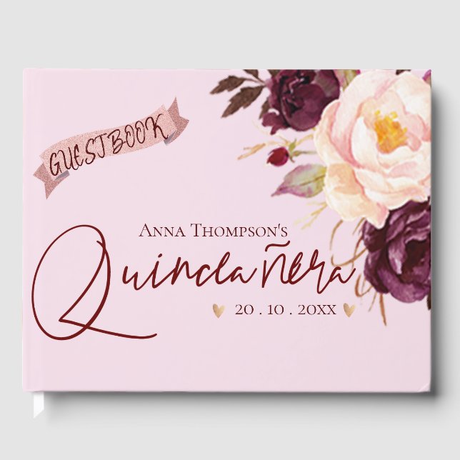 Libro De Visitas Quinceanera Rubor Pink Burgundy Floral Cumpleaños (Anverso)