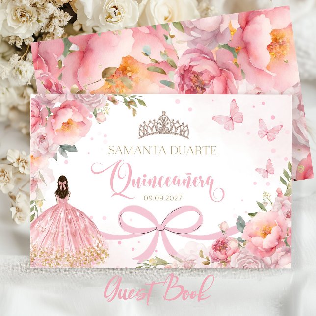 Libro De Visitas Quinceañera Rubor Pink Gold (Blush pink quinceañera guest book with gold accents for sweet 15 celebration.)