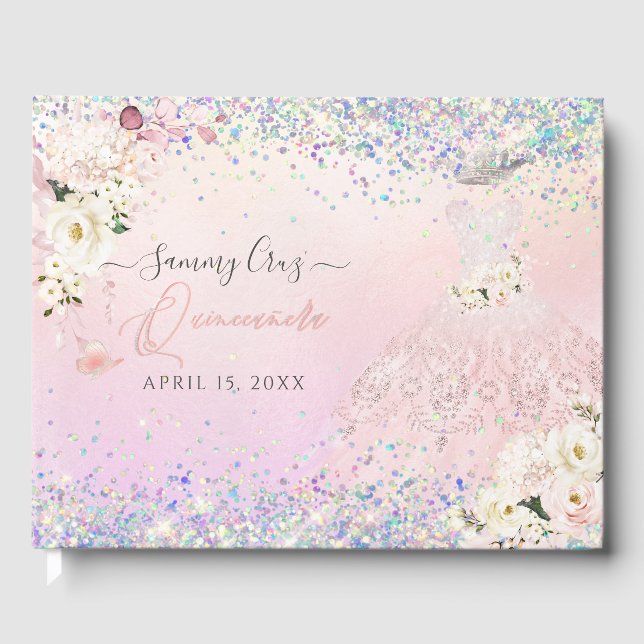 Libro De Visitas Quinceanera Rubor Princesa Purpurina Gown Confetti (Anverso)