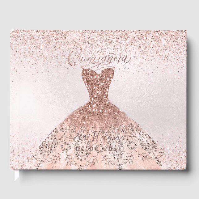 Libro De Visitas Quinceañera, vestido de brillo, rosa oro (Anverso)
