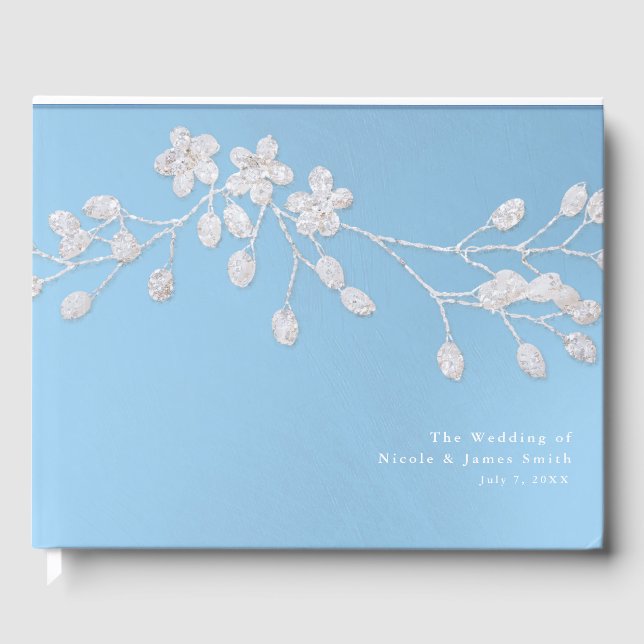 Libro De Visitas Rama floral blanca boda elegante invierno azul (Anverso)
