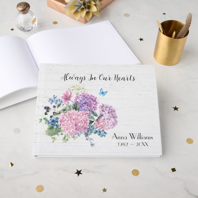 Libro De Visitas Ramo de Hortensias Sobre Madera Blanqueada (Anverso Abierto)