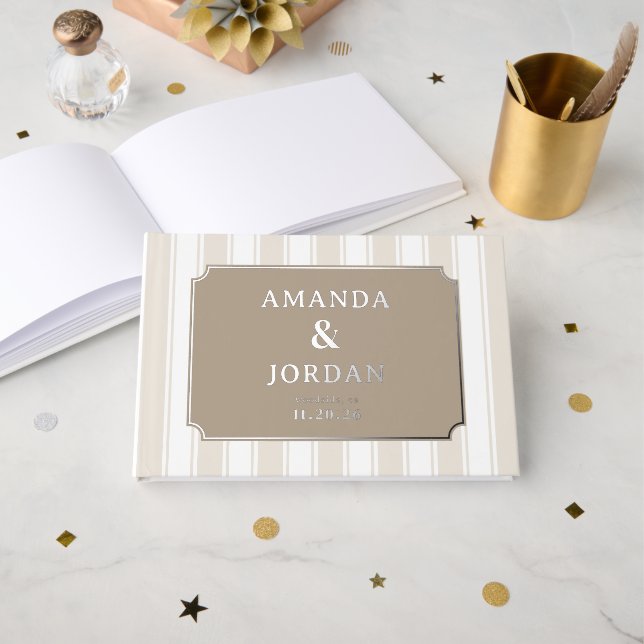 Libro De Visitas Rayas Beige Elegantes con Estrellas Doradas (Anverso Abierto)