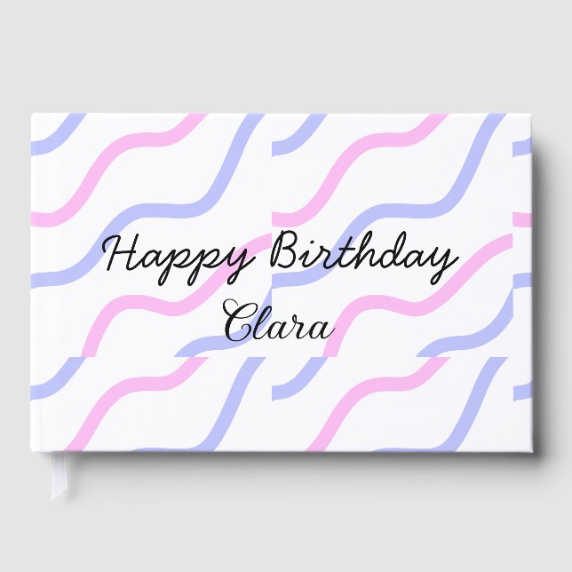 Libro De Visitas Rayas moradas rosadas feliz cumpleaños añadir nomb (Anverso)