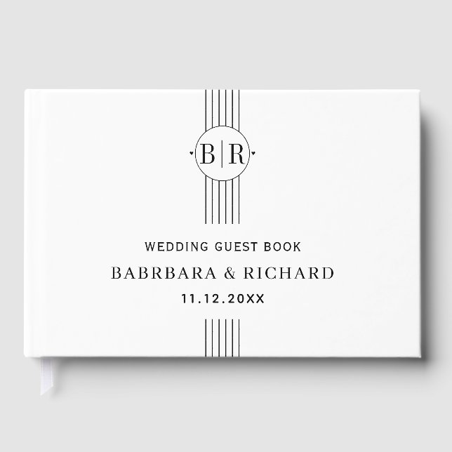 Libro De Visitas Rayas negras y blancas y boda monograma (Anverso)