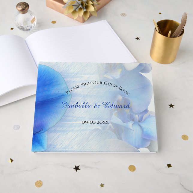 Libro De Visitas Recepción de Boda de Orquídea Acuarela Azul Modern (Anverso Abierto)