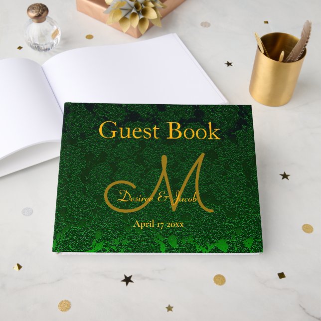 Libro De Visitas Recepción de boda monograma oro Hunter Green (Anverso Abierto)