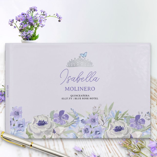Libro De Visitas Recepción de Quinceanera Púrpura Peri Floral (Guest book with pretty border of purple lilac and blue flowers to personalize for any girly occasion)