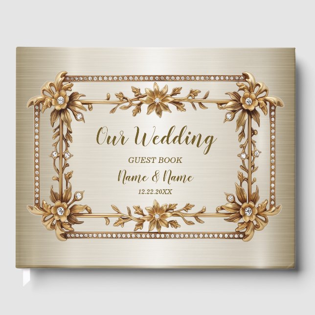 Libro De Visitas Rectángulo Ornato Oro Flores De Diamantes Brillant (Anverso)