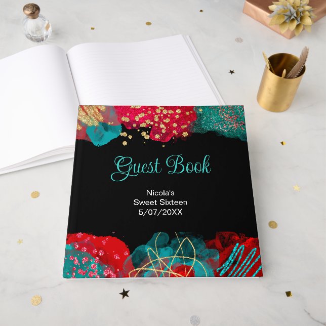 Libro De Visitas Red Alcohol Ink Sweet 16 Birthday Party  (Anverso Abierto)