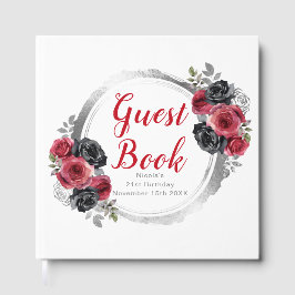 Libro De Visitas Red and Silver Elegant Flowers Birthday Party