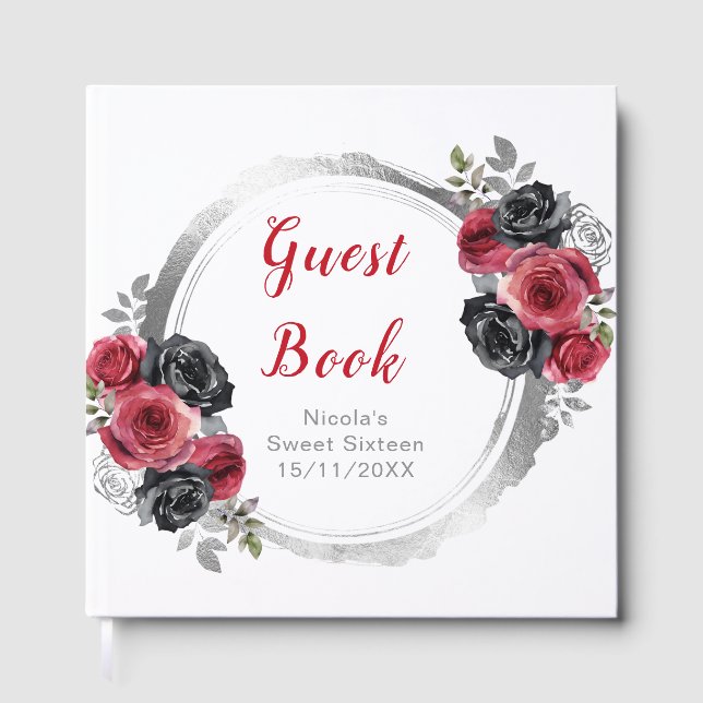 Libro De Visitas Red and Silver Elegant Flowers Sweet Sixteen (Anverso)