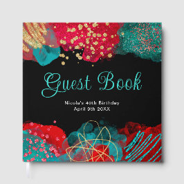 Libro De Visitas Red and Teal Blue Alcohol Ink Birthday Guest Book