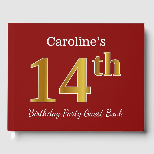 Libro De Visitas Red, Faux Gold 14th Birthday Party + Custom Name (Anverso)