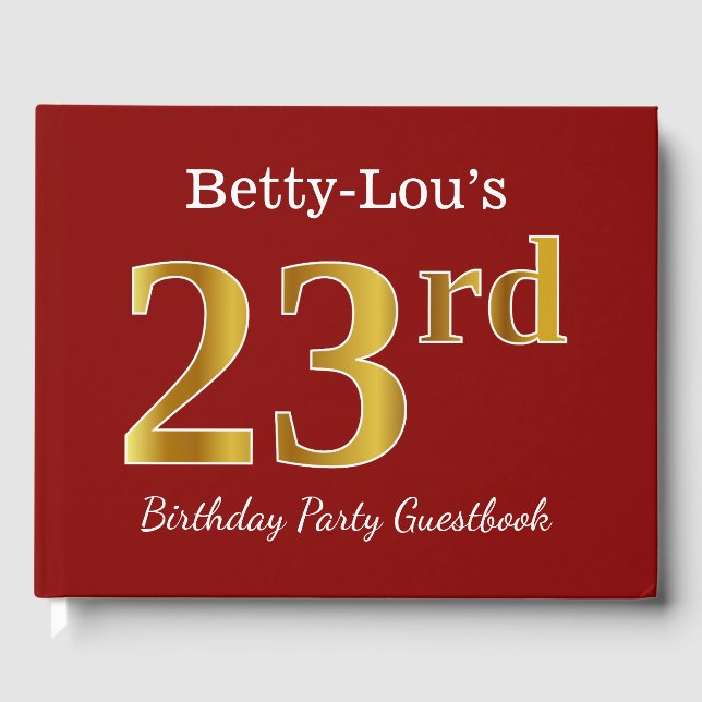 Libro De Visitas Red, Faux Gold 23rd Birthday Party + Custom Name (Anverso)