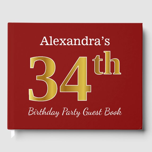Libro De Visitas Red, Faux Gold 34th Birthday Party + Custom Name (Anverso)