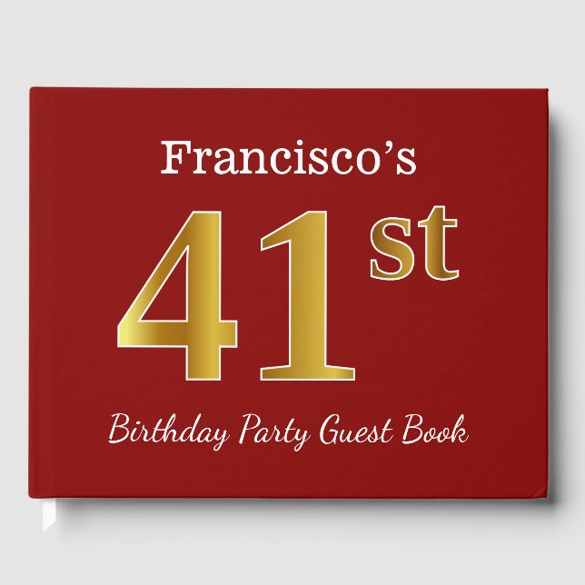 Libro De Visitas Red, Faux Gold 41st Birthday Party + Custom Name (Anverso)