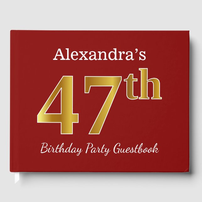 Libro De Visitas Red, Faux Gold 47th Birthday Party + Custom Name (Anverso)