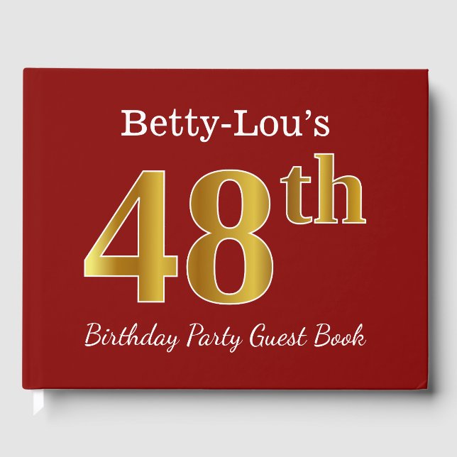 Libro De Visitas Red, Faux Gold 48th Birthday Party + Custom Name (Anverso)