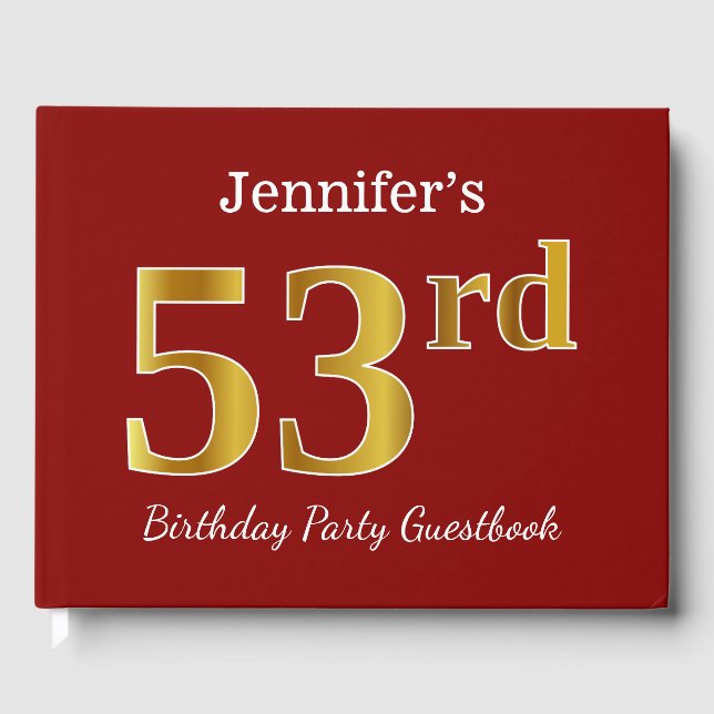 Libro De Visitas Red, Faux Gold 53rd Birthday Party + Custom Name (Anverso)