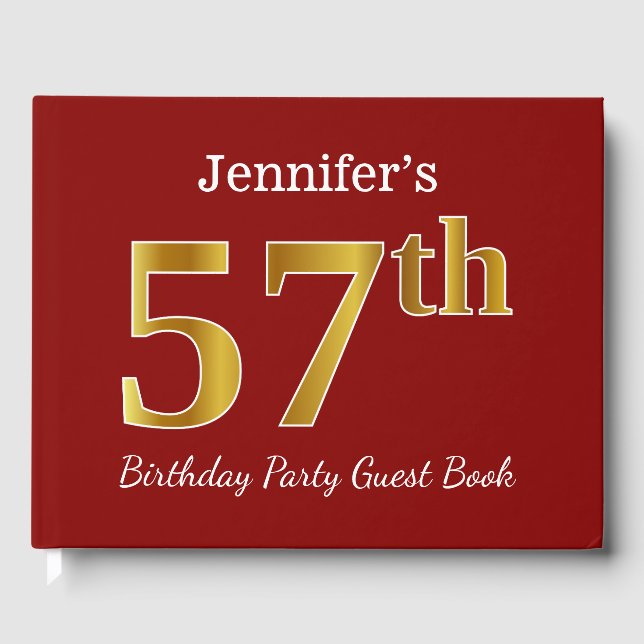 Libro De Visitas Red, Faux Gold 57th Birthday Party + Custom Name (Anverso)