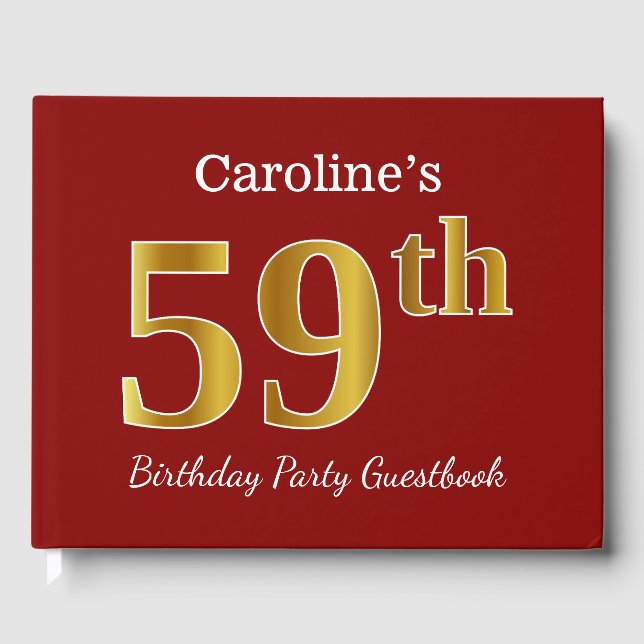 Libro De Visitas Red, Faux Gold 59th Birthday Party + Custom Name (Anverso)