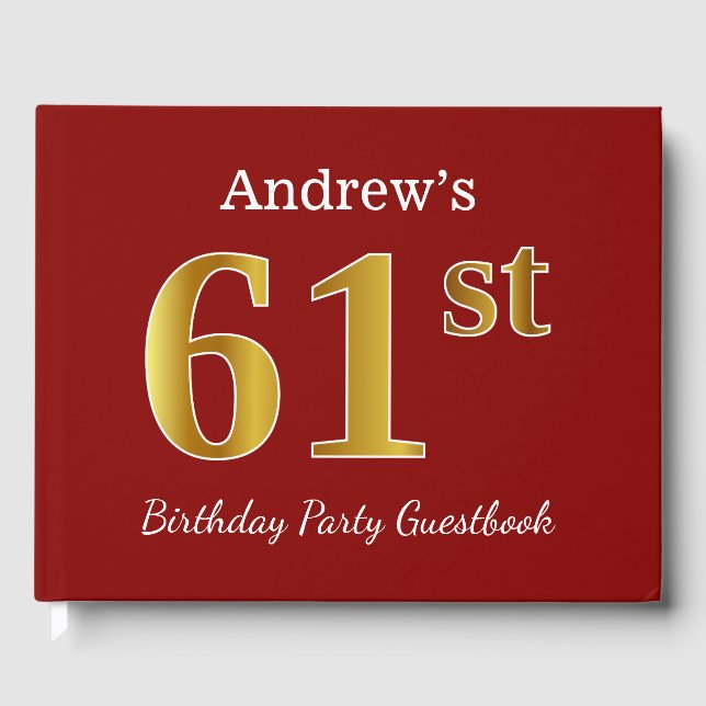 Libro De Visitas Red, Faux Gold 61st Birthday Party + Custom Name (Anverso)