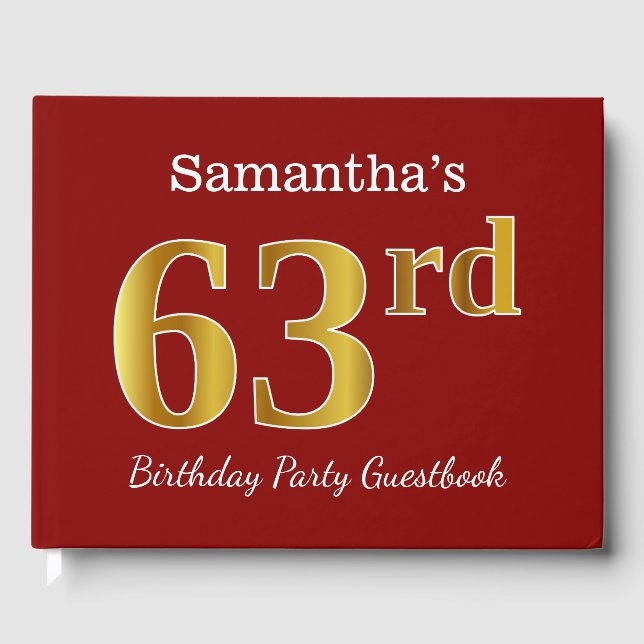 Libro De Visitas Red, Faux Gold 63rd Birthday Party + Custom Name (Anverso)