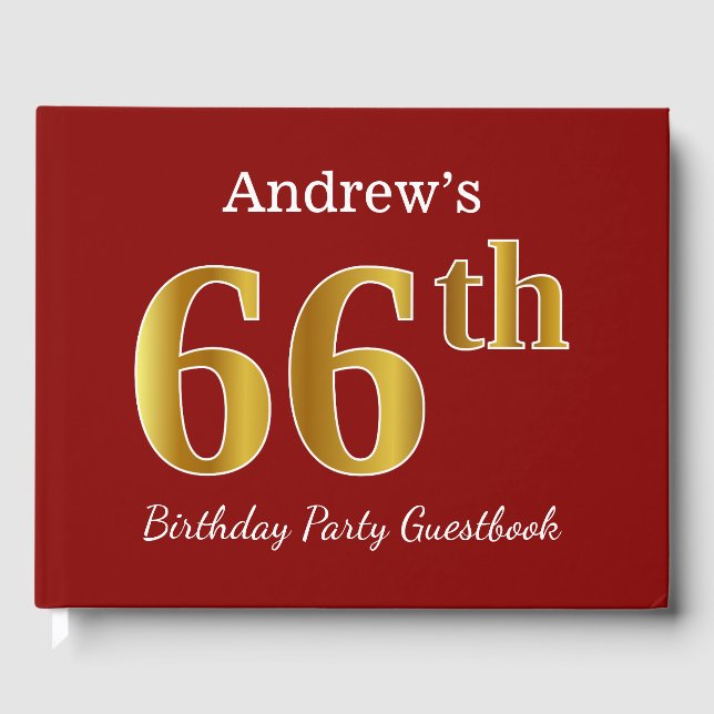 Libro De Visitas Red, Faux Gold 66th Birthday Party + Custom Name (Anverso)