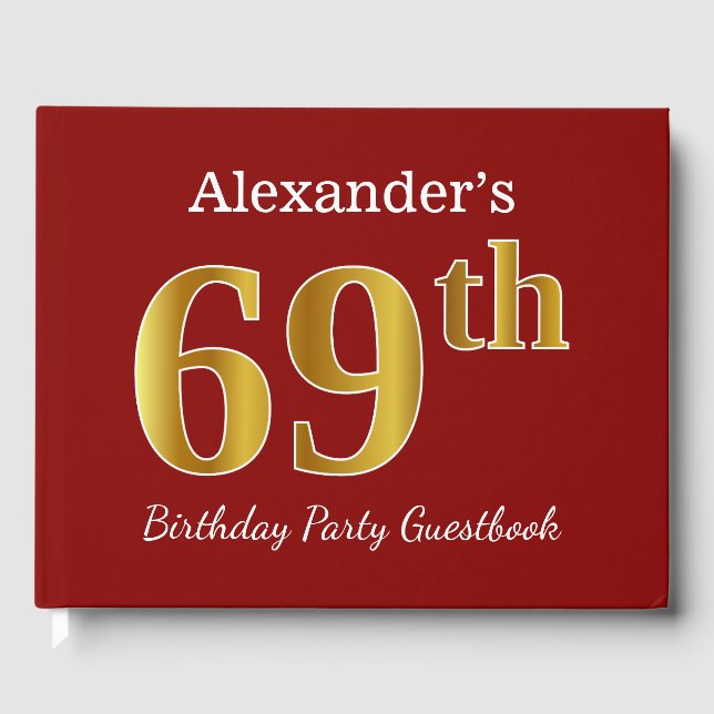 Libro De Visitas Red, Faux Gold 69th Birthday Party + Custom Name (Anverso)
