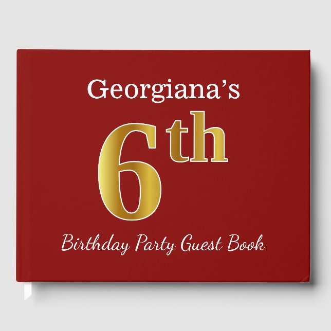 Libro De Visitas Red, Faux Gold 6Cumpleaños Party + Custom Name (Anverso)