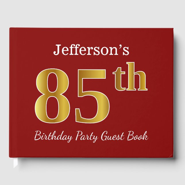 Libro De Visitas Red, Faux Gold 85th Birthday Party + Custom Name (Anverso)
