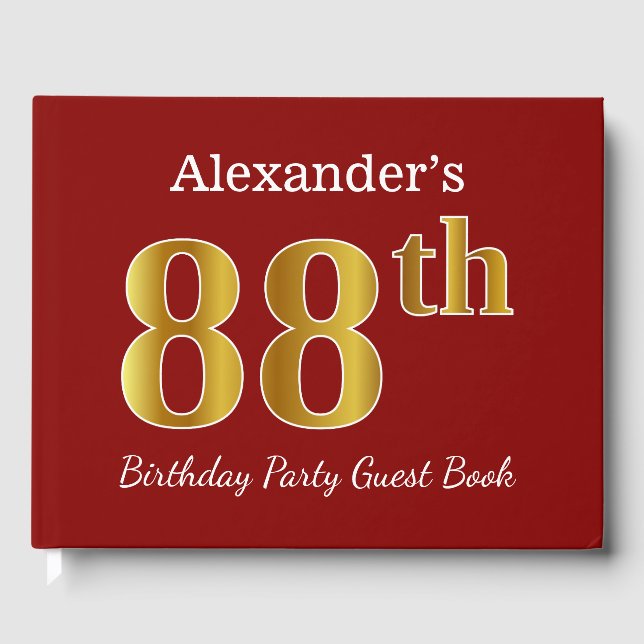 Libro De Visitas Red, Faux Gold 88th Birthday Party + Custom Name (Anverso)