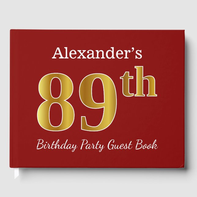Libro De Visitas Red, Faux Gold 89th Birthday Party + Custom Name (Anverso)