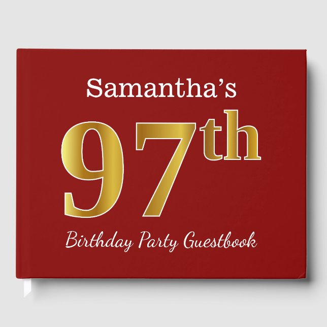 Libro De Visitas Red, Faux Gold 97th Birthday Party + Custom Name (Anverso)