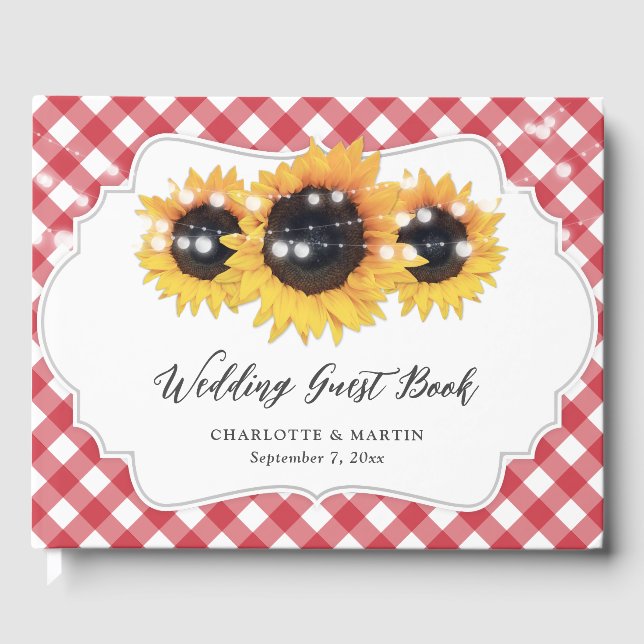 Libro De Visitas Red Gingham Rustic Sunflower Boda (Anverso)