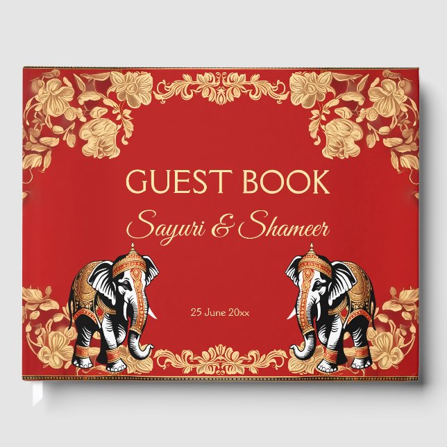 Libro De Visitas Red gold elephants Indian wedding personalized (Anverso)