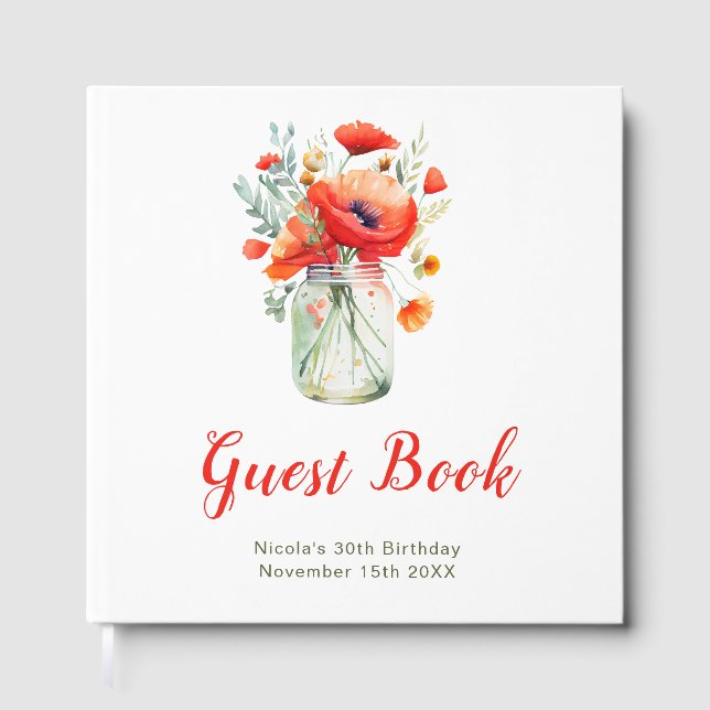 Libro De Visitas Red Poppies Mason Jar Birthday Party (Anverso)